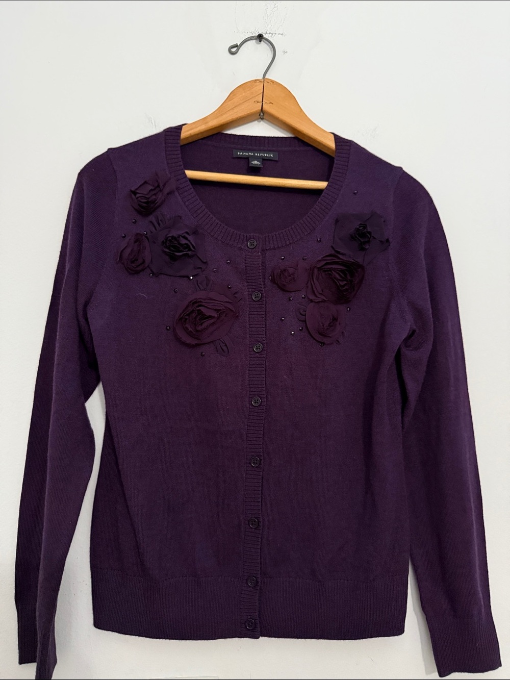 Banana Republic Deep Purple Floral Appliqué Button Up Cardigan Classic Feminine